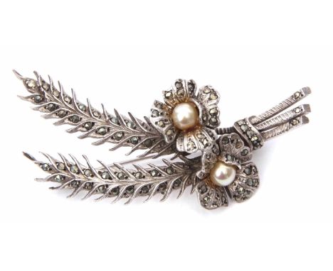 Vintage silver marcasite floral spray brooch, 6.5cm long, London 1961  