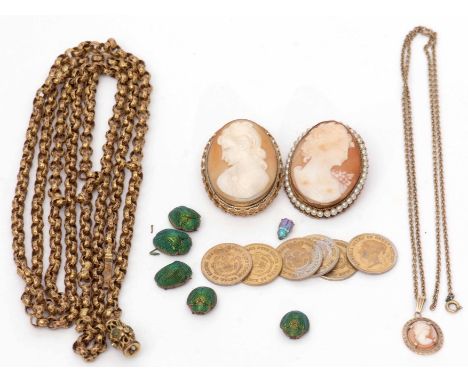 Mixed Lot: Victorian gilt metal Belcher chain, two vintage shell cameos, 9ct gold cameo framed pendant on a metal chain, six 
