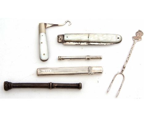 Mixed Lot: comprising a hallmarked silver small cake fork, together with an oval needle case, silver propelling pencil, silve