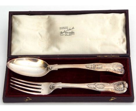 Early Victorian cased christening spoon and fork, Kings pattern, in a silk and velvet lined morocco covered case, combined we