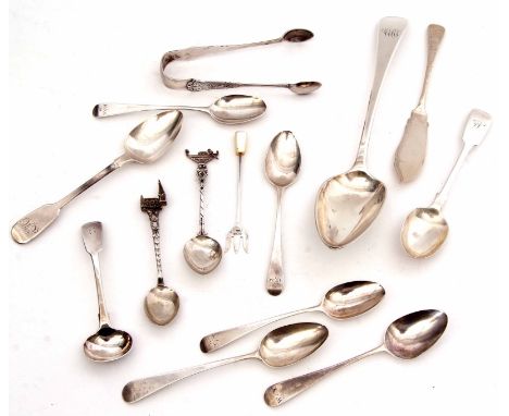 Mixed Lot: comprising eleven various spoons including table, salt and tea spoons, together with a pair of sugar tongs, small 
