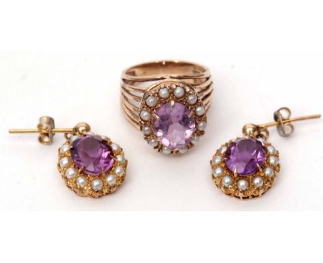 Mixed Lot: amethyst and seed pearl cluster ring, the central oval shaped faceted amethyst raised within a surround of small s