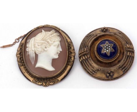 Mixed Lot: Victorian oval carved shell cameo depicting a Bacchanalian lady framed in a gilt metal surround, 45 x 40mm, togeth