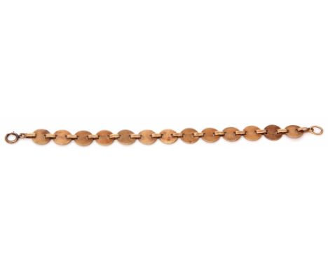 Vintage 9ct stamped disc bracelet, a design of 12 engraved discs supporting a central plain polished disc, 190mm long, 10.8gm