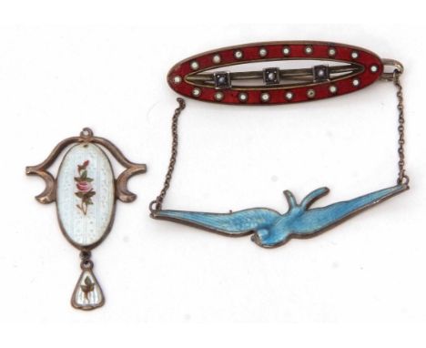 Mixed Lot: Charles Horner silver and enamel pendant, blue enamel bird with outstretched wings, Charles Horner sterling and en