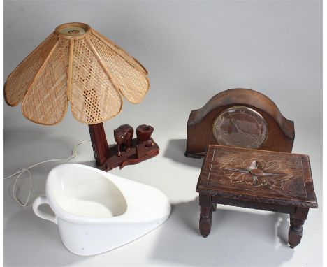 wooden ashtray and lamp combination, the ash tray in the form of an elephants foot together with a mantel clock, a very small