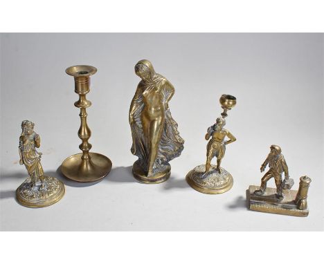 Collection of brasswares to include; figures and a candlestick etc