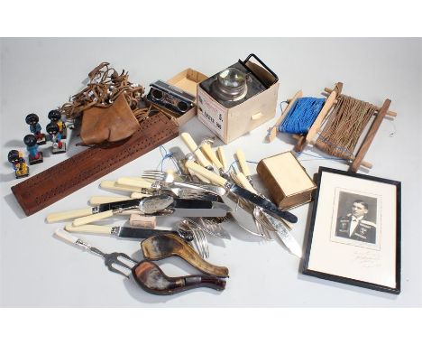 Mixed lot to include cutlery, a leather and beadwork bag, pocket binoculars and a lamp etc (qty)