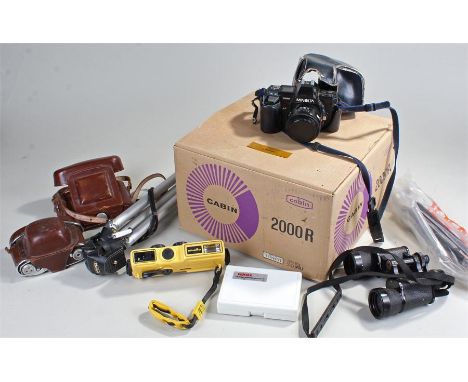 Collection of cameras and tripods including a Minolta weathermatic camera (qty)