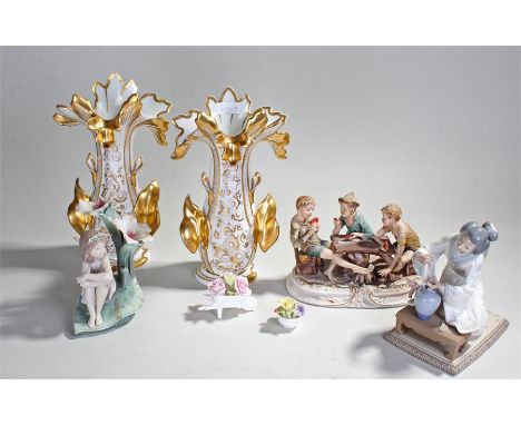 Pair of KPM porcelain vases together with two Lladro porcelain figures and assorted ceramics (qty)
