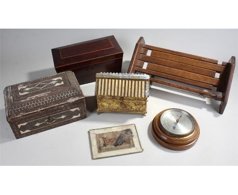Tea caddy with two other boxes one in brass in the form of a building along with a barometer and an extending book case (qty)