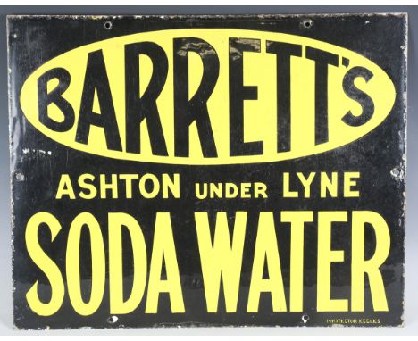 A Barrett's Soda Water enamel advertising sign, detailed 'Protector Eccles', 40.5cm x 52cm (later painted back), together wit