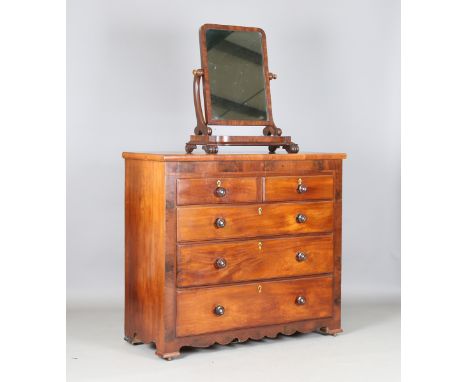 A mid-Victorian mahogany chest of drawers with mother-of-pearl inlaid handles, height 113cm, width 124cm, depth 54cm, togethe