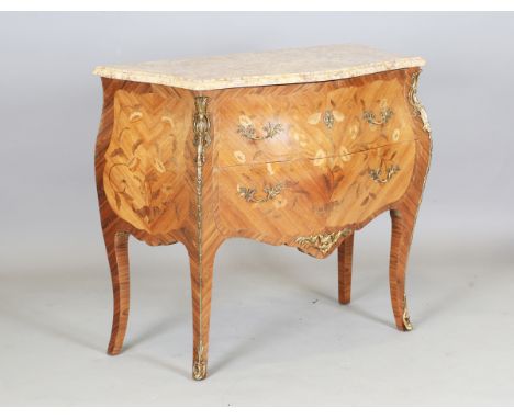 A late 20th century French kingwood and floral inlaid two drawer commode of bombé form with applied gilt metal mounts and sha