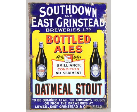 A large Southdown and East Grinstead Breweries Ltd Oatmeal Stout pictorial enamel advertising sign, 86cm x 63.5cm.Buyer’s Pre