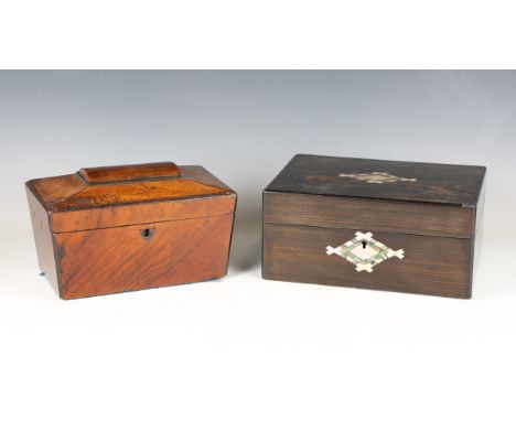 A Victorian coromandel and mother-of-pearl inlaid work box, width 27.5cm, together with a George III mahogany tea caddy, widt