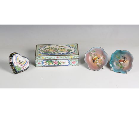 A 20th century Chinese Canton enamel rectangular box, width 16cm, a similar heart shaped box and two Dutch enamelled dishes.B