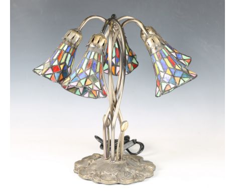 A modern Tiffany style leaded glass and patinated metal five-light table lamp, height 42cm.Buyer’s Premium 29.4% (including V