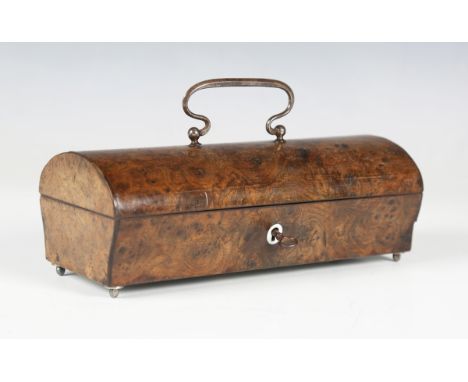 An 18th century burr walnut and steel mounted needlework box, the domed lid with loop handle and inset with a mirror to the i