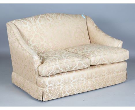 A modern two-seat sofa, upholstered in gold and pink foliate patterned damask, height 81cm, width 122cm, depth 92cm.Buyer’s P