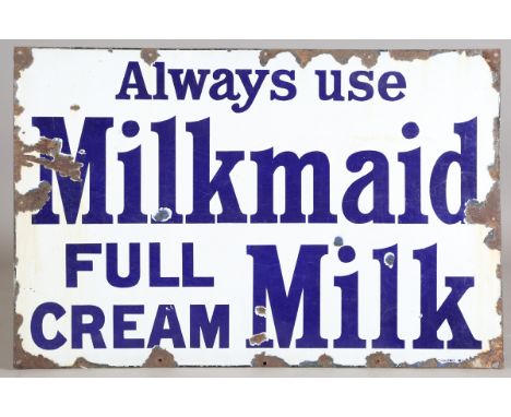 A large Milkmaid Full Cream Milk enamel advertising sign, 61cm x 93cm.Buyer’s Premium 29.4% (including VAT @ 20%) of the hamm