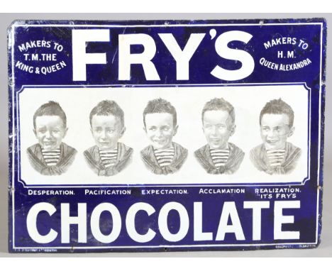 A large Fry's Chocolate pictorial enamel advertising sign, 56cm x 76cm (some areas of restoration).Buyer’s Premium 29.4% (inc