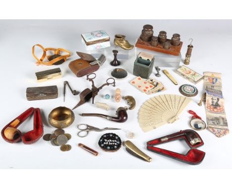 A group of collectors' items, including a late 18th century enamel box of shaped outline, width 9cm, a 19th century portrait 