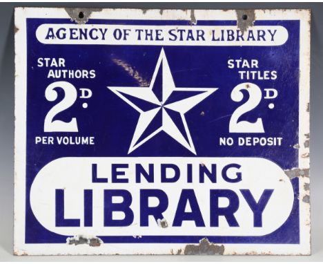 An Agency of the Star Library 'Lending Library' enamel advertising sign, 38cm x 46cm.Buyer’s Premium 29.4% (including VAT @ 2
