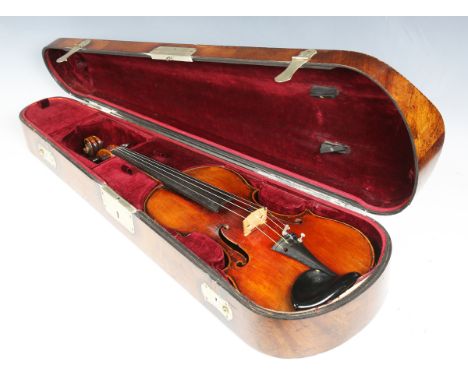 A 19th century violin with single-piece back, length of back excluding button 35.9cm, within a 19th century mahogany case wit