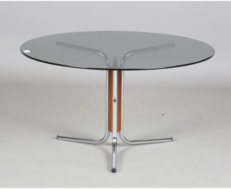 A mid-20th century chromium plated tubular metal and smoky glass circular coffee table, in the manner of Marcel Breuer, heigh