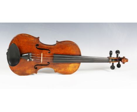 A 19th century violin with two-piece back, length of back excluding button 35.5cm, cased, with a nickel mounted bow, branded 