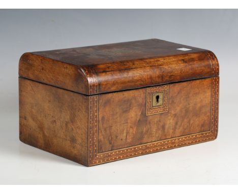 A late Victorian walnut sewing box, the hinged lid with parquetry inlay, opening to reveal a lift-out tray and sewing accesso
