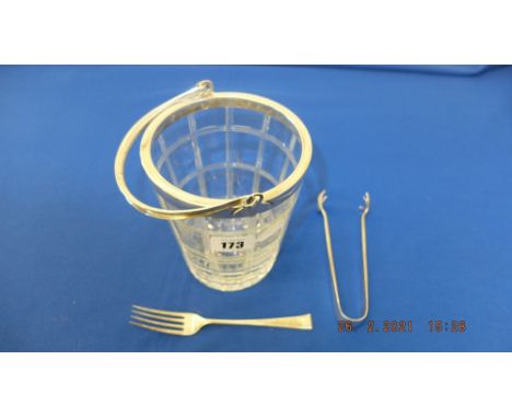 A hallmarked silver/ glass ice bucket, inc. tongs and fork