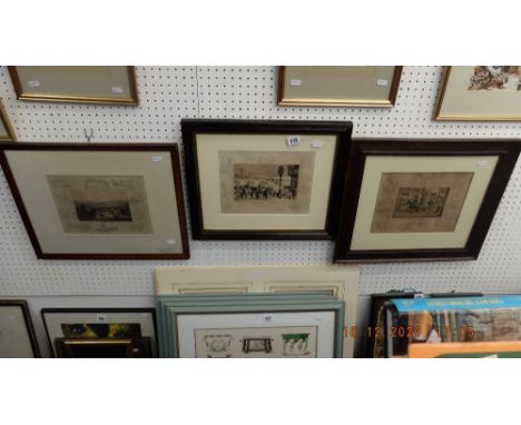 Three framed and glazed Hunting scenes,by  Frank Paton 'A meeting of the unemployed', 'Our grandfathers hobbies' plus other