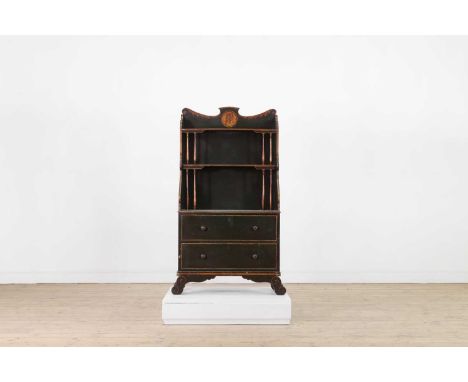 A painted wooden waterfall bookcase, 19th century, Continental, with three shelves above a pair of drawers, raised on bracket