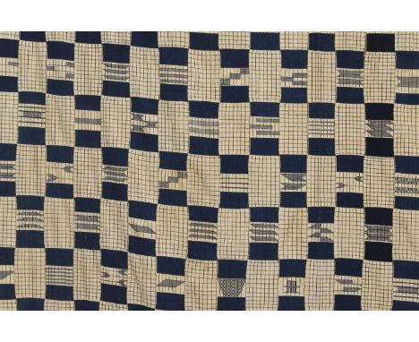 A large Asante cotton kente cloth,mid-20th century, Ghanaian, woven in blue with stripes and float motifs on an off-white gro