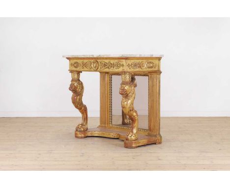 A giltwood console table,early 19th century, with a veined white marble top, above monopodia supports and a mirrored back, on