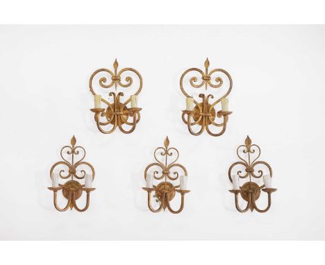 Five gilt-metal wall lights, of recent manufacture, each with two scrolling branches,the two larger 25cm wide 34cm high,the t