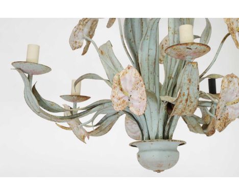 A painted toleware chandelier,c.1950, French, with five branches decorated with anthurium, 84cm diameter64cm highCondition Re