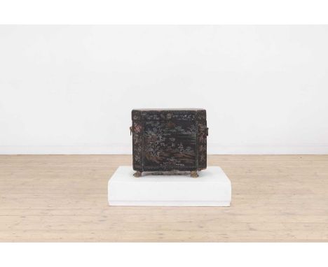 An export black-lacquered box,19th century, Chinese, of canted rectangular form, with mother-of-pearl inlay and lion-mask rin