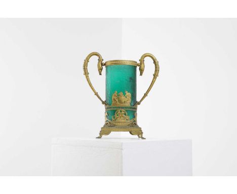 An Empire glass and gilt-metal vase,early 19th century, French, the cylindrical green glass vase mounted with twin swan-neck 