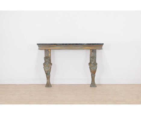 A painted wooden console table,of recent manufacture, the rectangular marble top raised on a pair of monopod supports, 134cm 