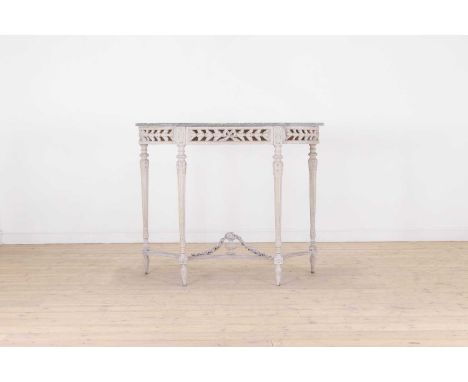 A Louis XVI-style painted wooden console table,late 19th/early 20th century, French, of demilune outline, the green marble to