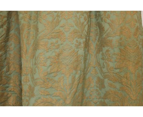 A pair of silk brocade curtains,early/mid-19th century, Italian, each handwoven in green and pale brown, lined and interlined