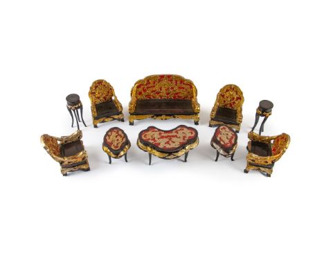 Carved wood set of Chinese doll house living room  seating. Sofa: H:3 3/4in(9.5cm) W:6in(15.2cm)