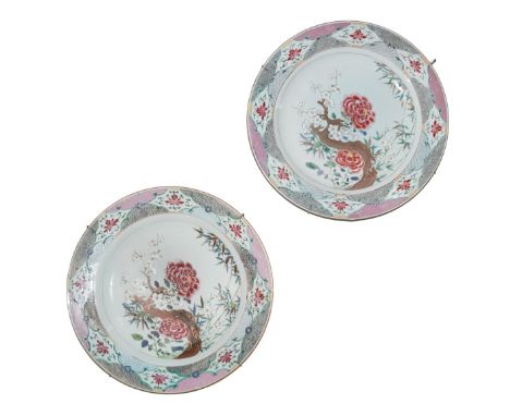 A pair of large Chinese famille rose plates  decorated peony and tree branch. H:1 3/4in(4.4cm) D:15 3/8in(39cm)
