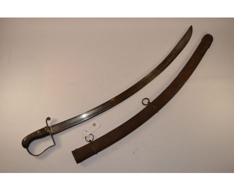 1796 pattern Cavalry sabre 84cm curved blade, wooden grip, plain steel stirrup knucklebow, mounts and scabbard 
 Condition Re