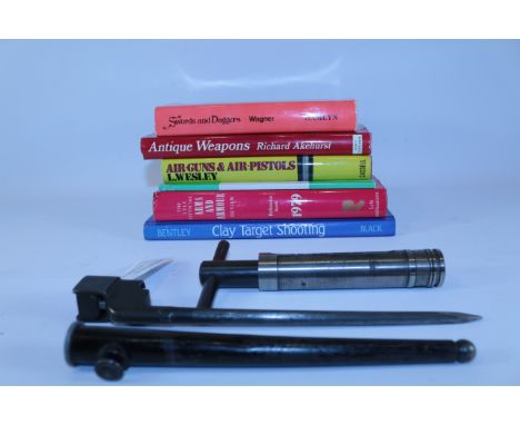 WWII British No4 MkII spike bayonet and scabbard, a cartridge compressor with 6 books related to weaponry