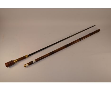 Early 20th century French bamboo sword stick with later turned rosewood handle and 68cm steel tri-blade 90cm overall Conditio