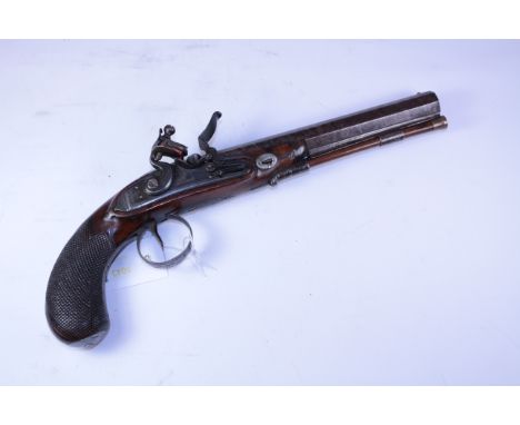 18th/19th century 16 bore flintlock pistol by Nicholson, 22cm octagonal barrel smooth bore with gold plug, clipped locks with